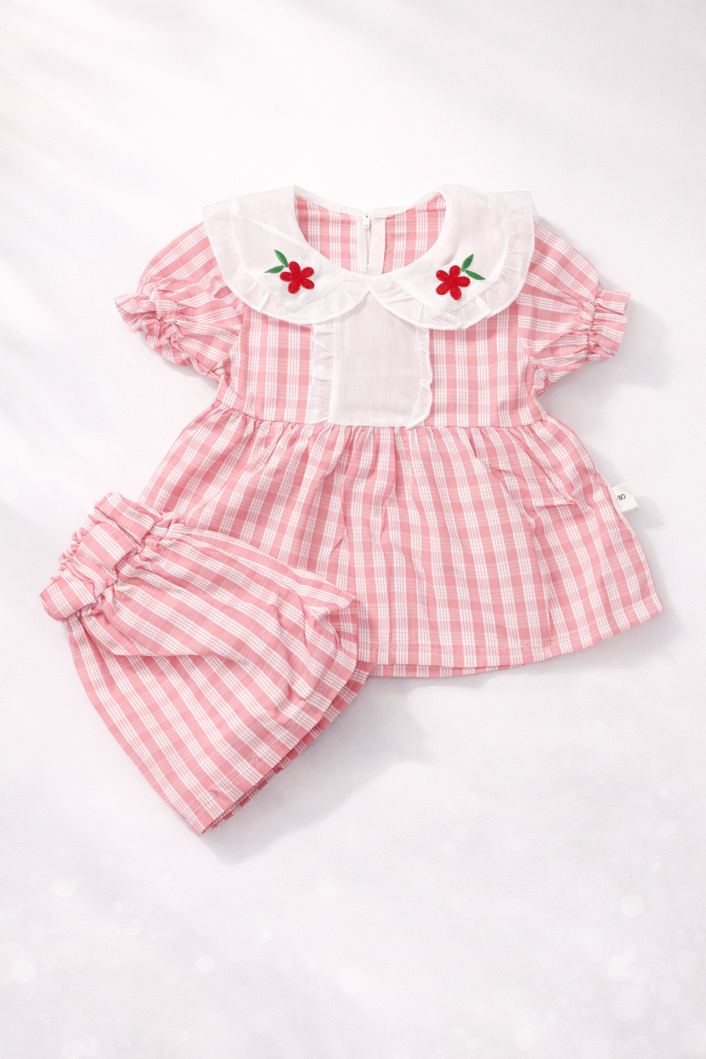 Girls Pink Check Frock with Matching Pants 2-Piece Summer Set