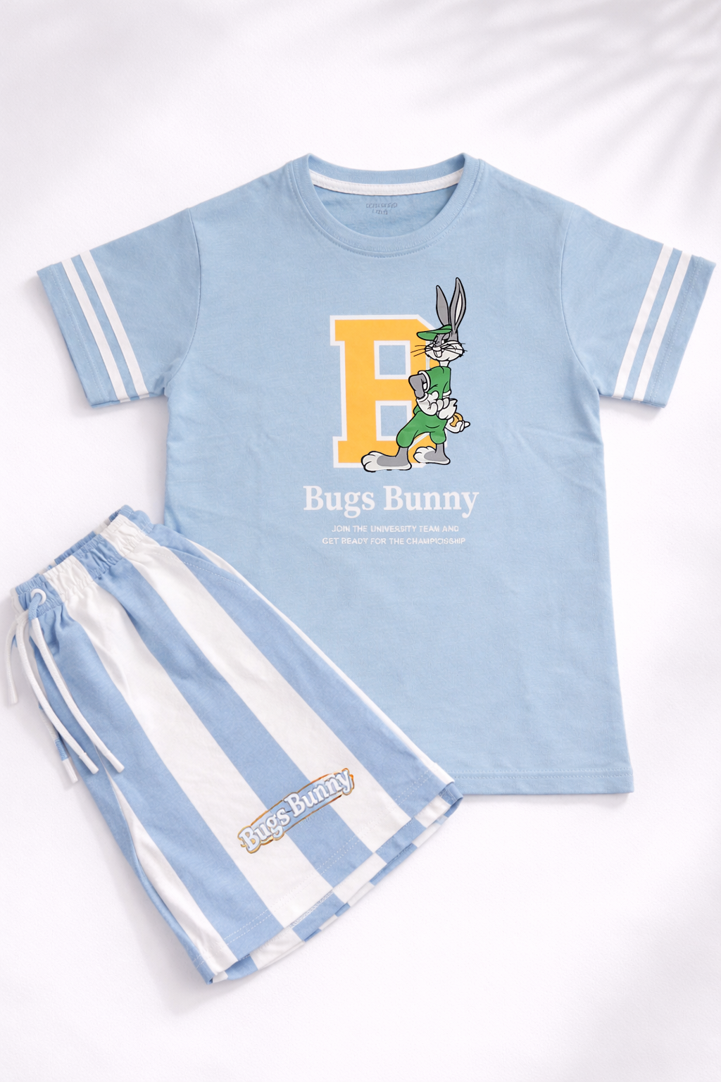 Sky Blue Bugs Bunny Kids T-Shirt & Striped Shorts Set