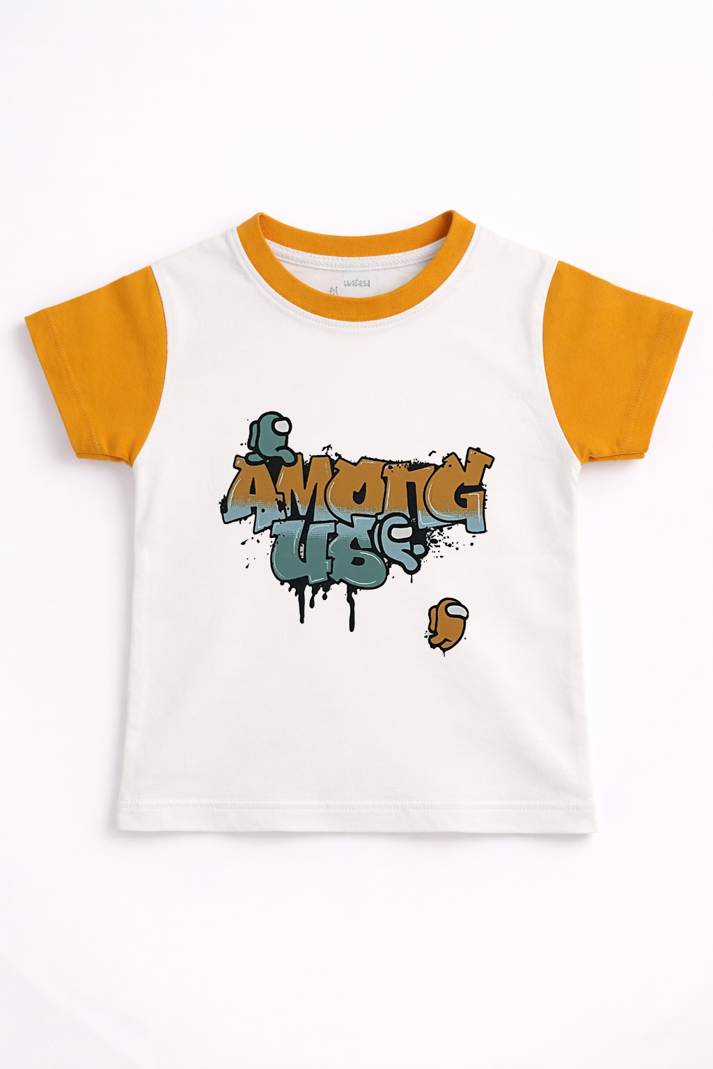Boys “Among Us” Graphic T-Shirt – White & Mustard Cotton Summer Tee