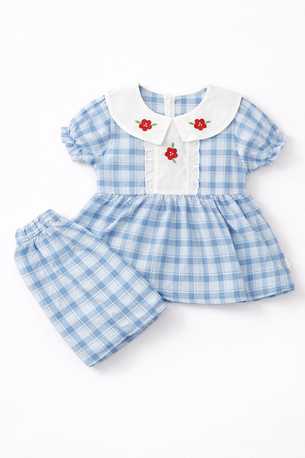 Girls Sky Blue Check Frock with Matching Pants 2-Piece Summer Set