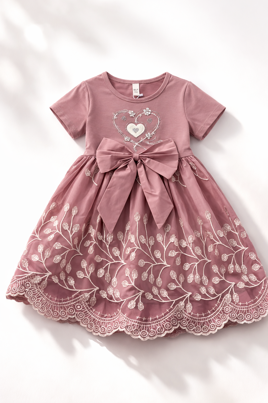 Royal Heart Bow Embroidered Dress (Mauve Pink)