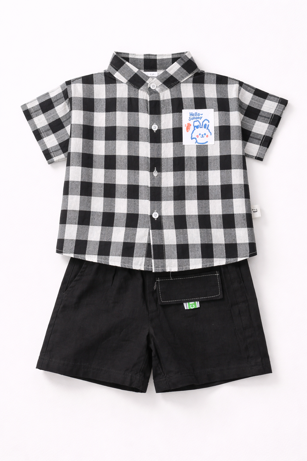 Boys Black & White Checkered Shirt with Black Shorts Summer Co-ord Set