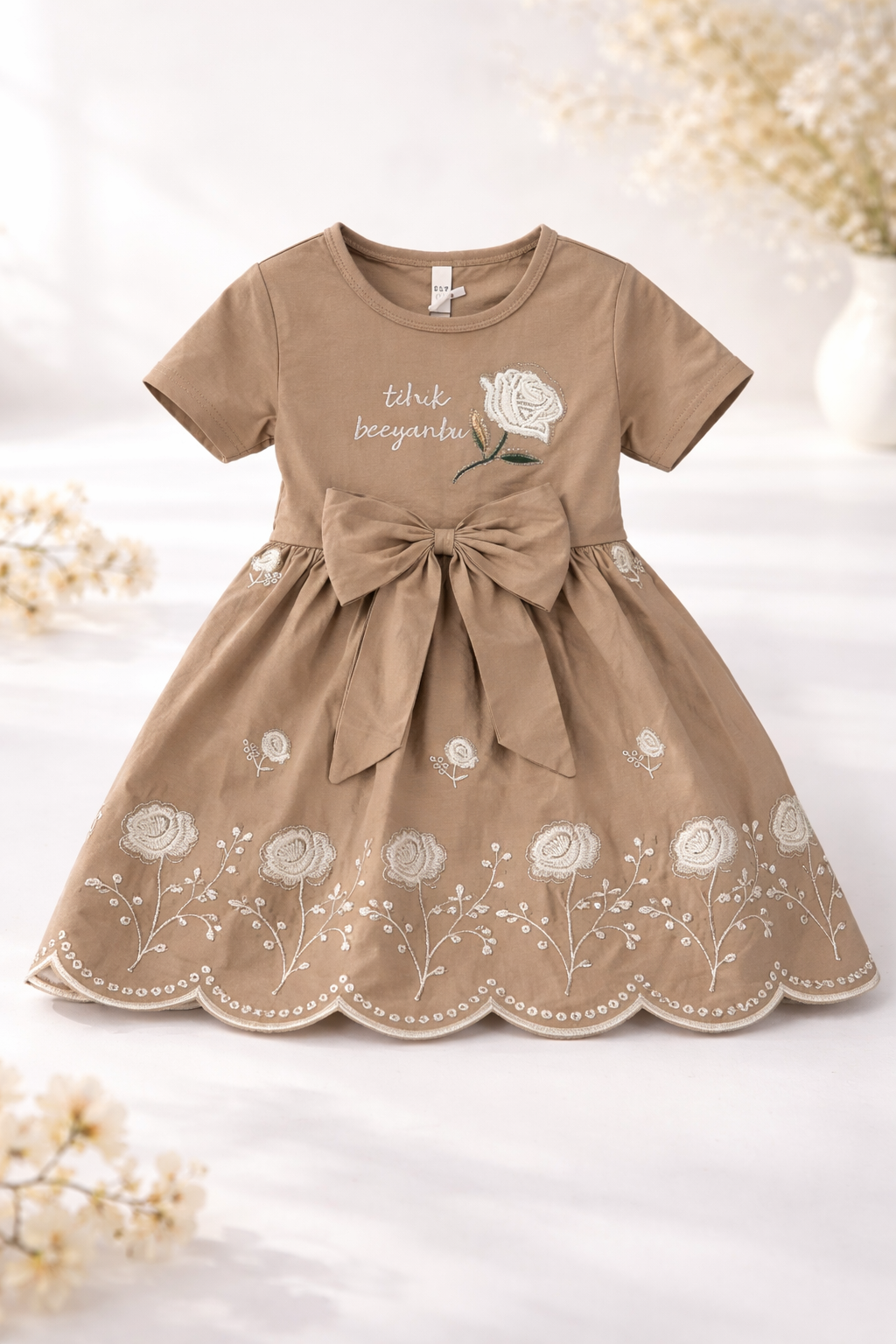 Vintage Rose Embroidered Bow Dress (Caramel Brown)