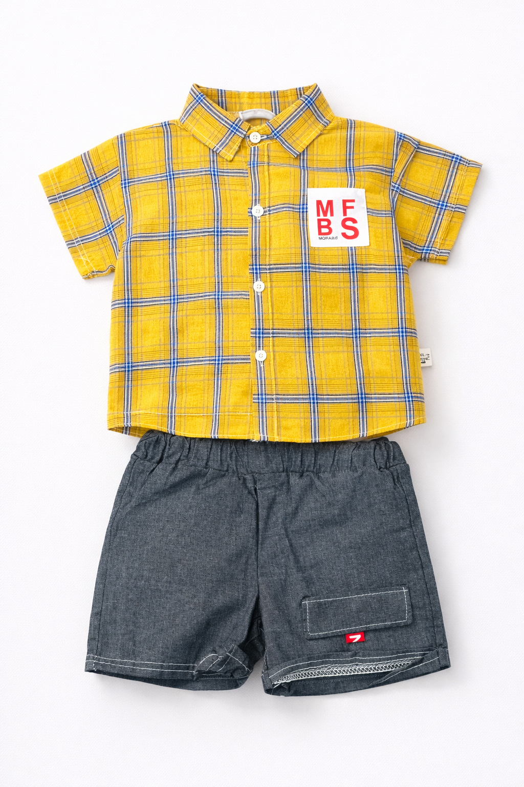 Boys Yellow Checkered Shirt with Grey Shorts Summer Co-ord Set