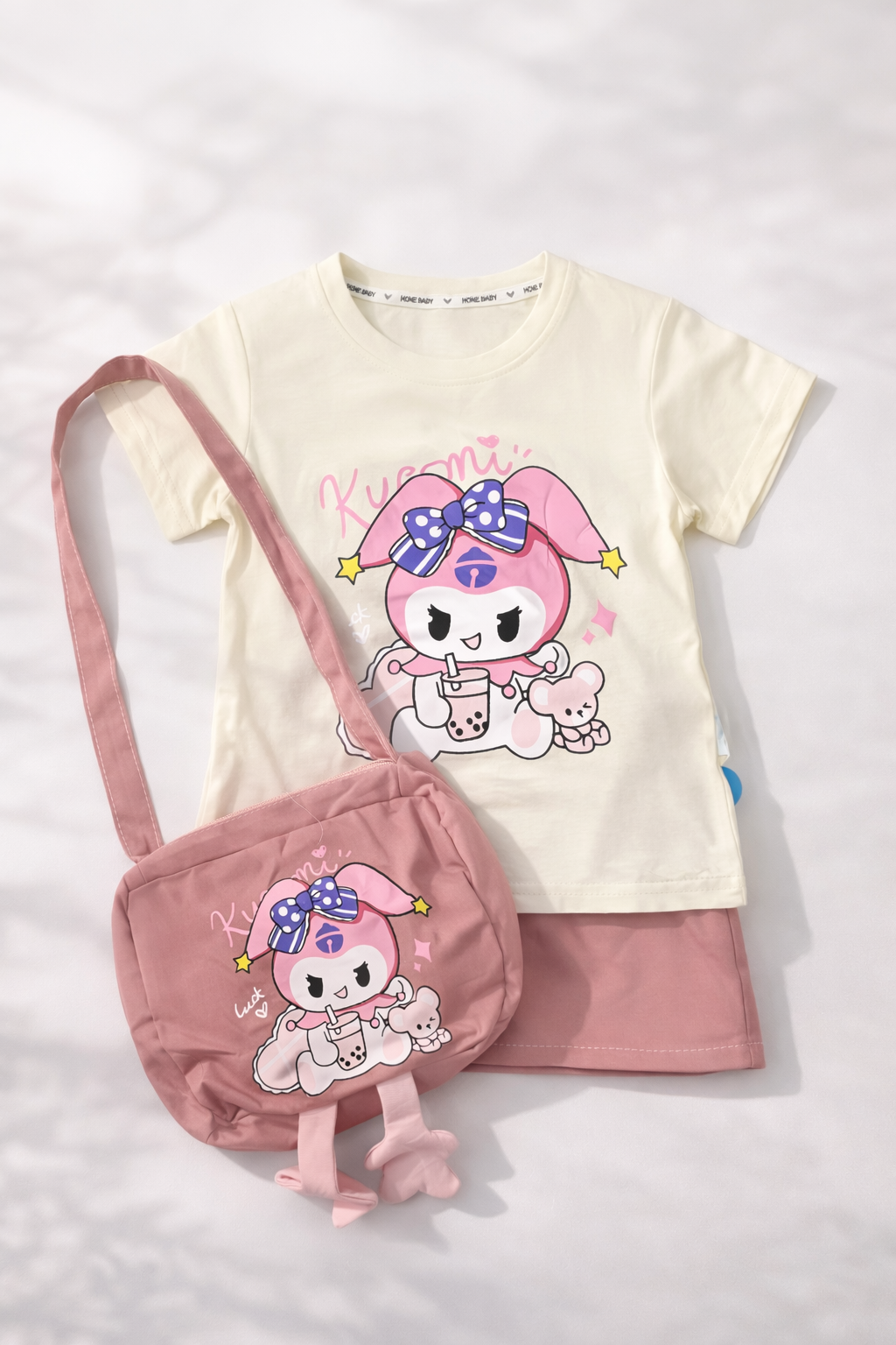 Kuromi 3-Piece Co-Ord Set with Crossbody Bag – Cream & Pink