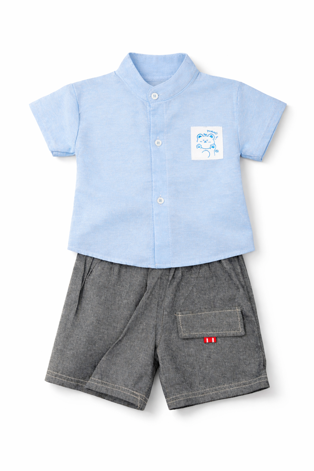 Boys Sky Blue Cotton Shirt with Grey Shorts Summer Co-ord Set
