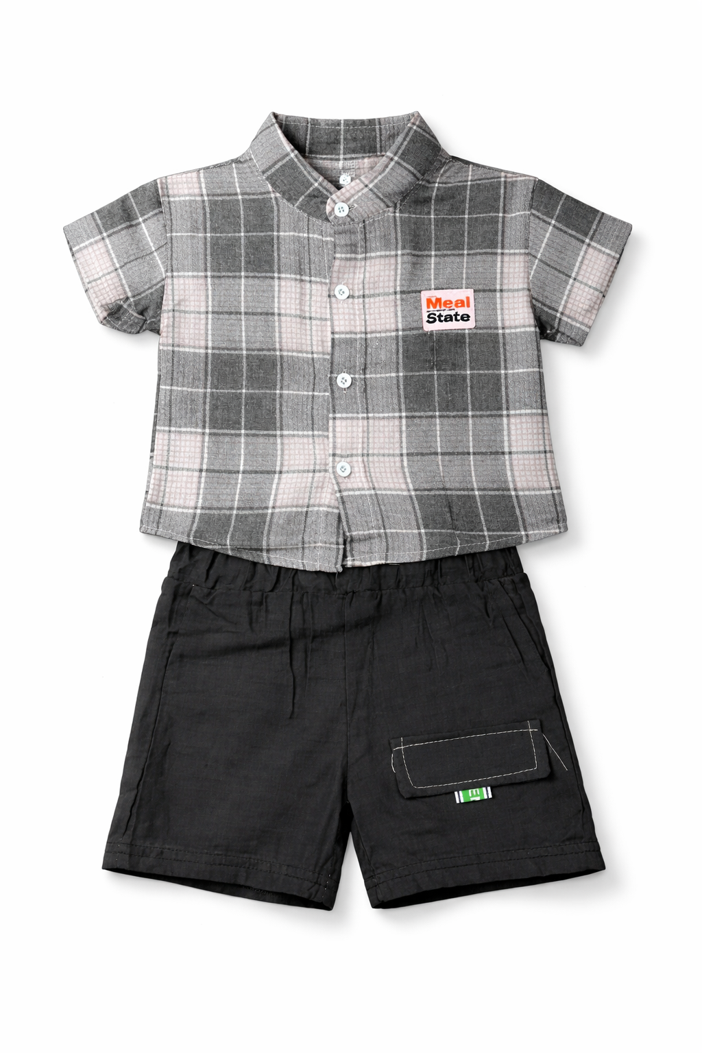 Boys Grey Checkered Shirt with Black Shorts Summer Co-ord Set