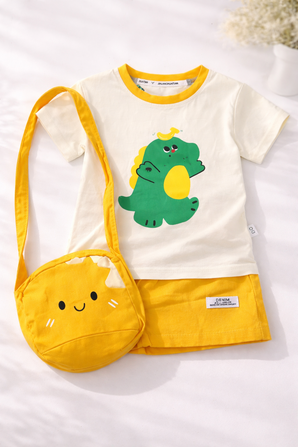Dino Smile 3-Piece Co-Ord Set with Crossbody Bag – Cream & Yellow