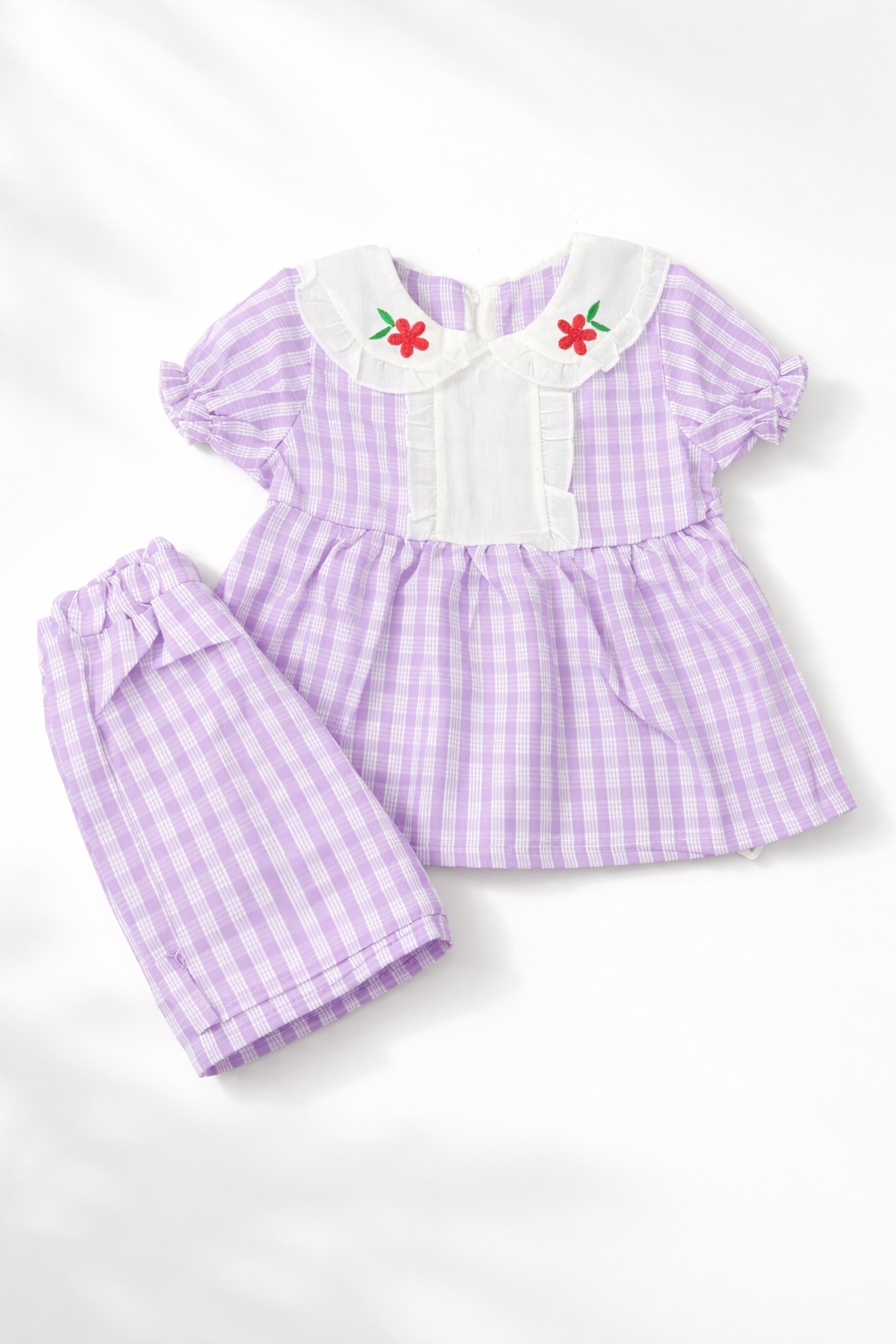 Girls Lavender Check Frock with Matching Pants 2-Piece Summer Set