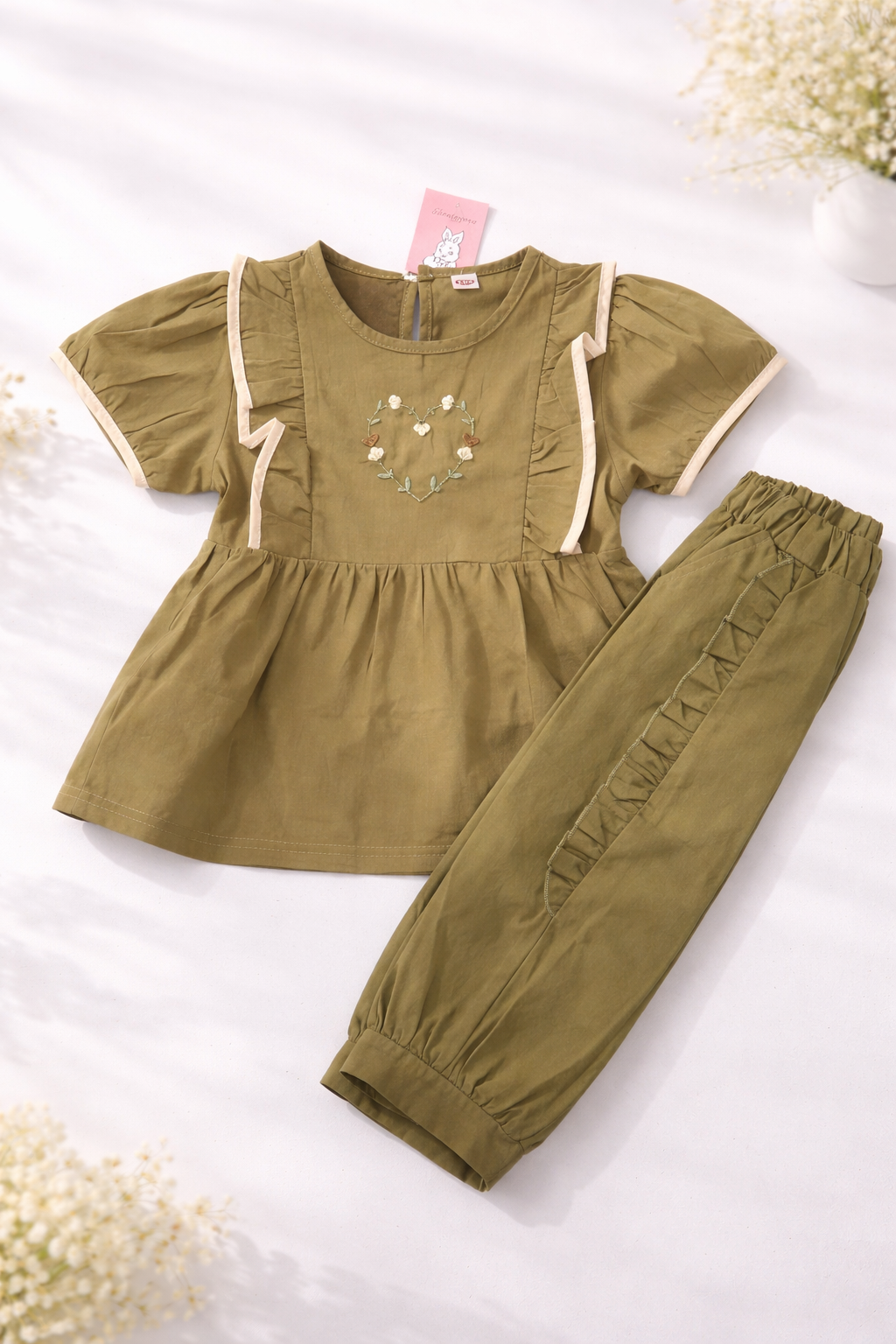 Olive Heart Embroidered Frill Set (2-Piece)