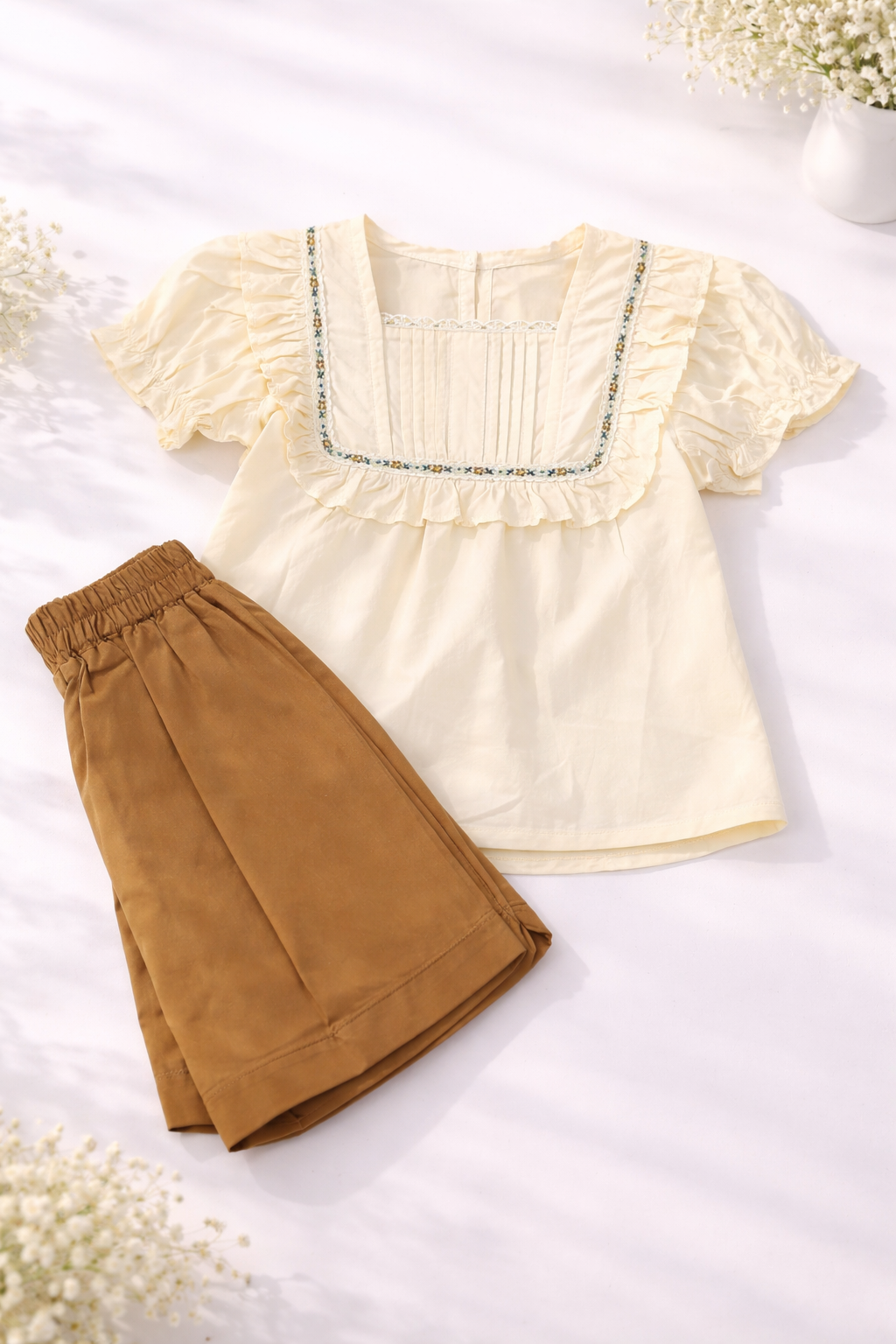Buttercream Ruffle Blouse & Wide Pants Set (2-Piece)