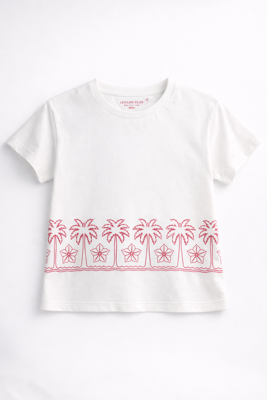 Tropical Palm Border Girls T-Shirt – White & Coral