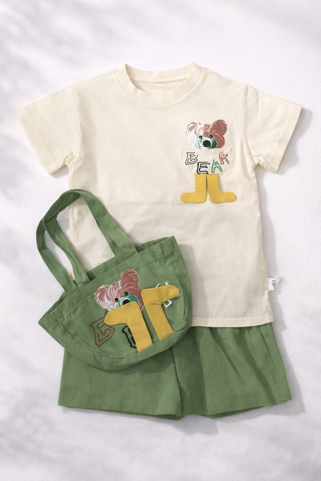 Peek-A-Bear 3-Piece Co-Ord Set with Tote Bag – Cream & Green