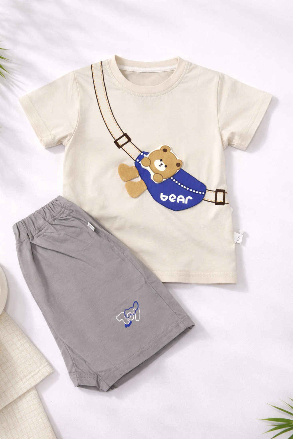 Cute Bear Sling Co-Ord Set – Beige & Grey