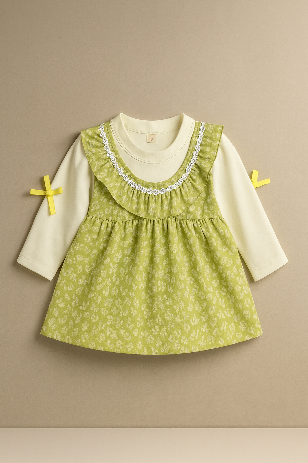 Baby Girls Green Floral Pinafore Dress With Inner Shirt – 2-Piece Set
