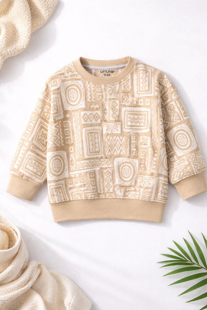 Kids Beige Ethnic Print Sweatshirt