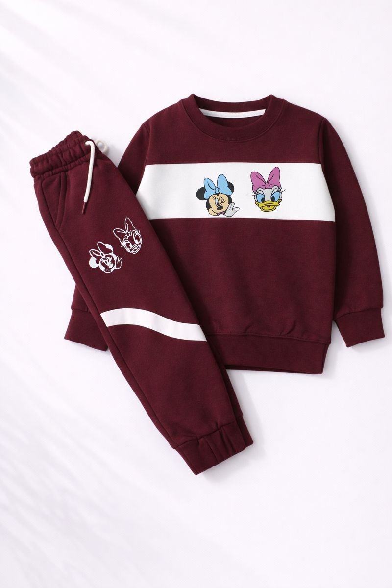 Girls Maroon Cartoon Co-Ord Set