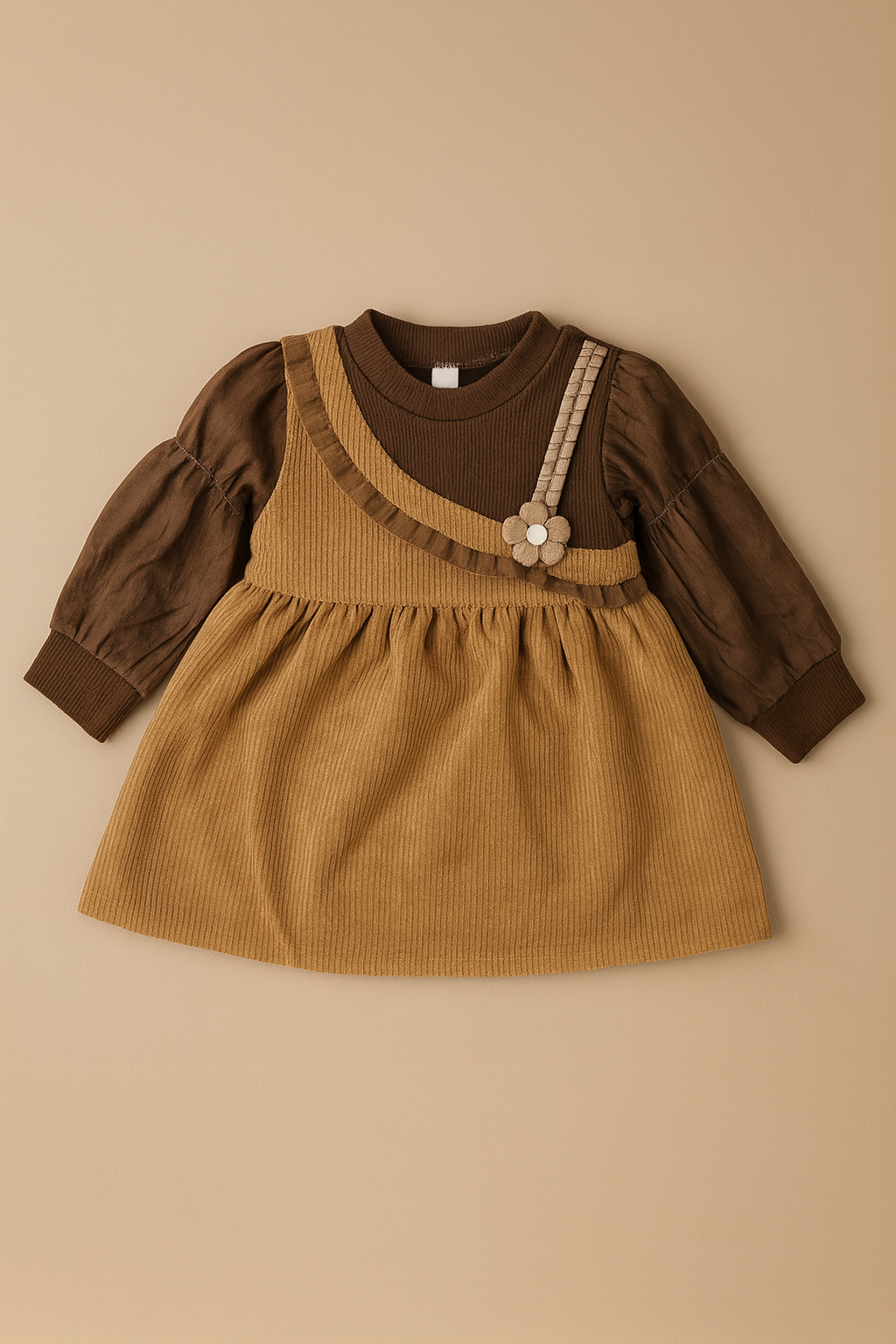 Baby Girls Mustard Corduroy Pinafore Dress With Brown Inner – 2-Piece Set