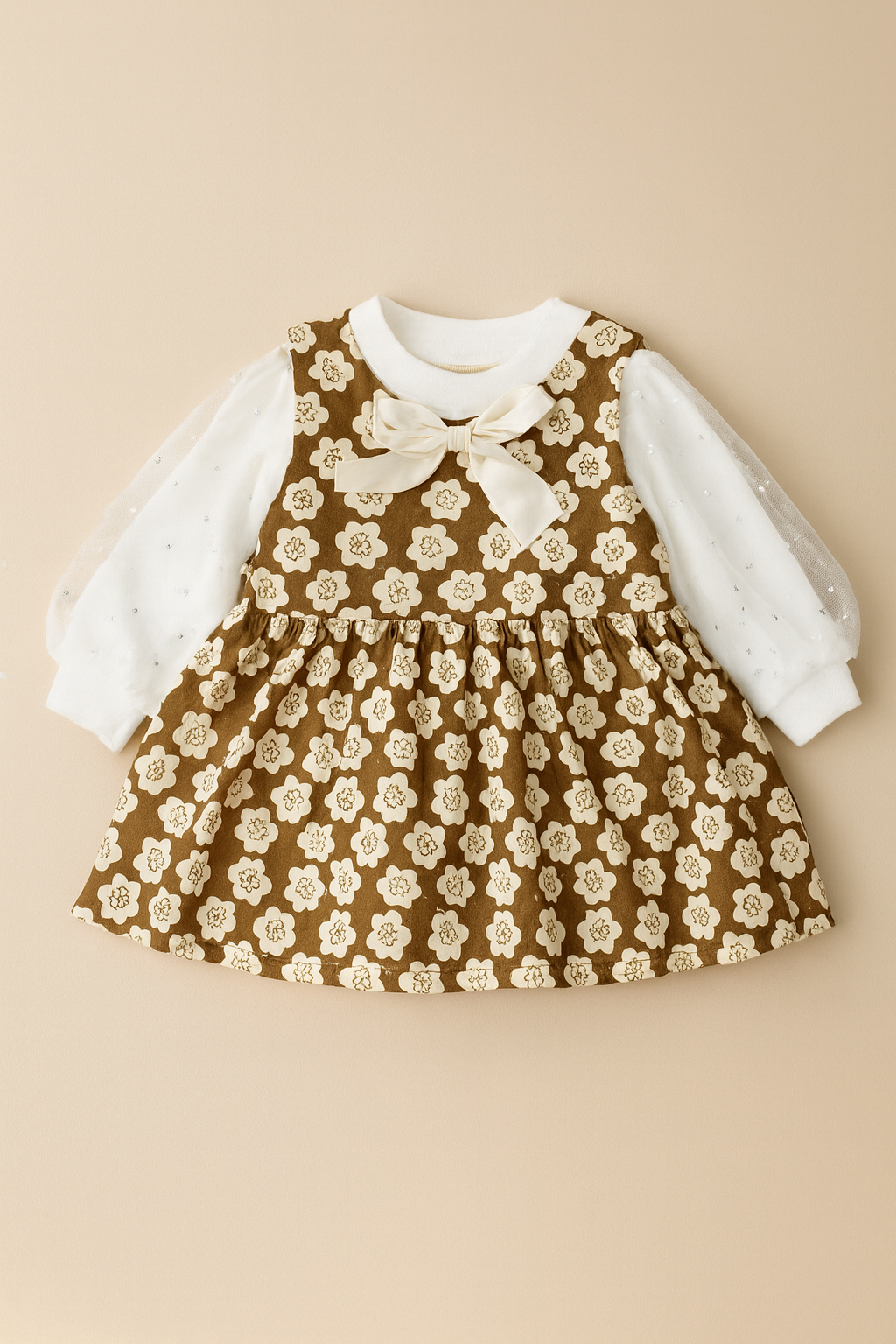 Baby Girl Floral Printed Dress with Sheer Sleeves & Bow