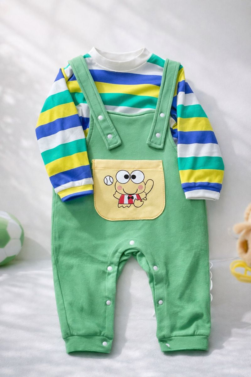 Baby Boy Green Dungaree Romper Set with Striped Full-Sleeve Shirt – Soft Cotton  Outfit