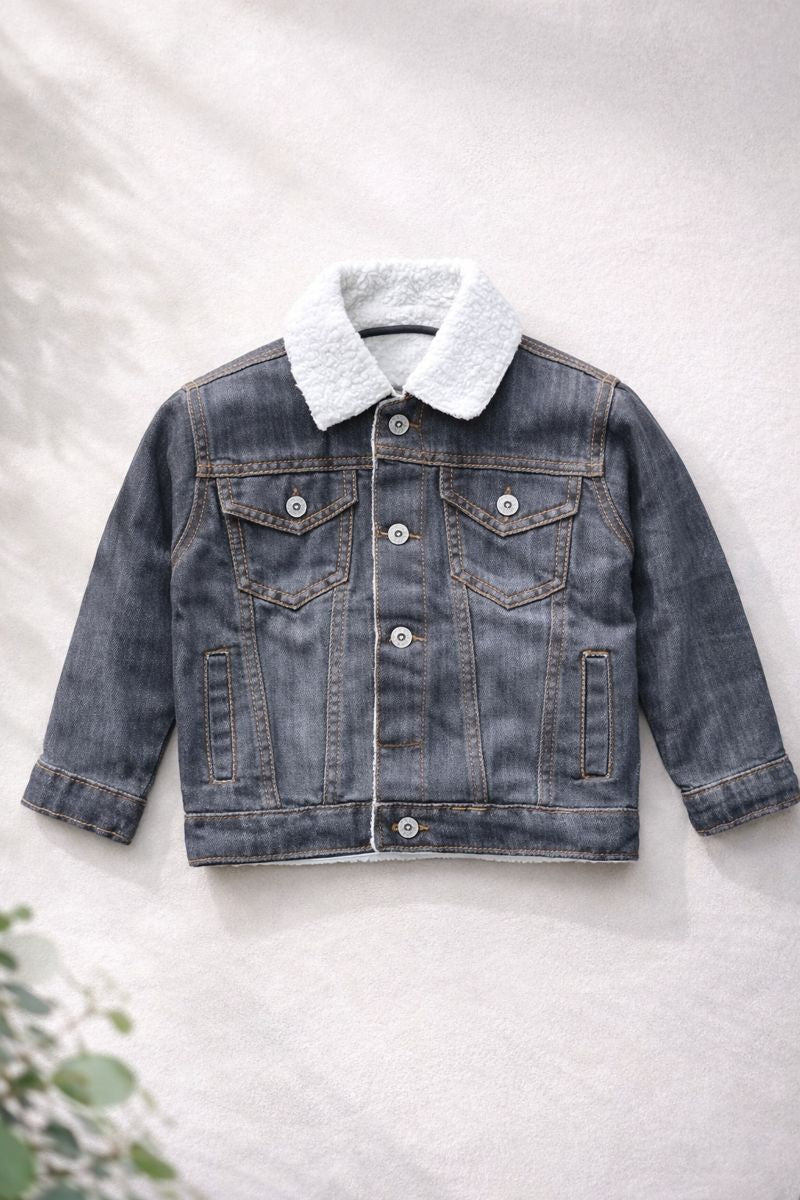 Kids Classic Denim Jacket with Sherpa Collar – Warm Fleece Lined Winter Jacket for Boys & Girls