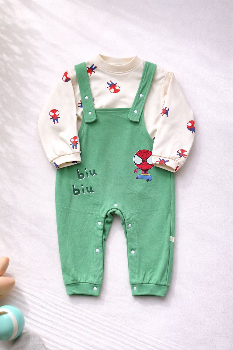 Baby Boy Dungaree Romper Set with Printed Full-Sleeve Shirt – Soft Outfit