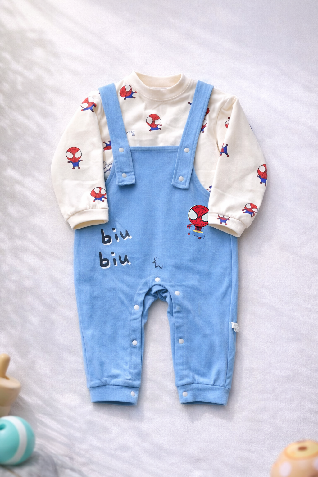 Baby Boy Blue Dungaree Romper Set with Printed Full-Sleeve Shirt – Soft Cotton  Outfit