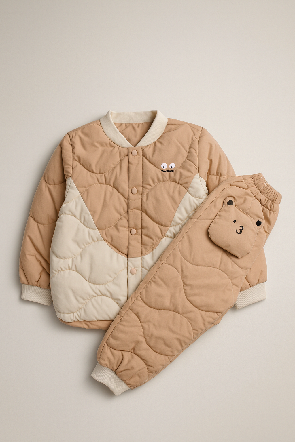 Kids Beige Quilted Winter Jacket & Pant Set – 2 Piece