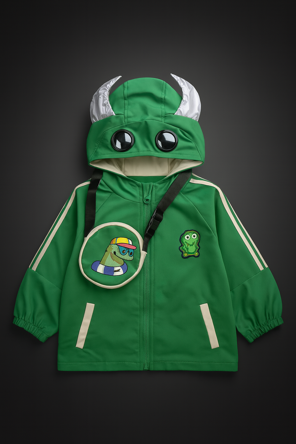Kids Green Frog-Themed Hooded Jacket With Mini Bag