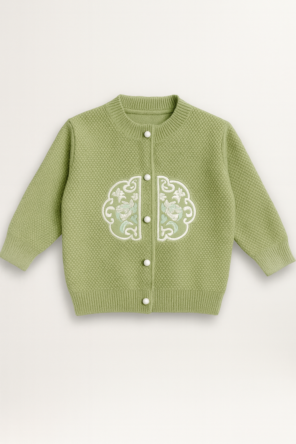 Baby Girl Green Textured Knit Cardigan with Embroidered Patch
